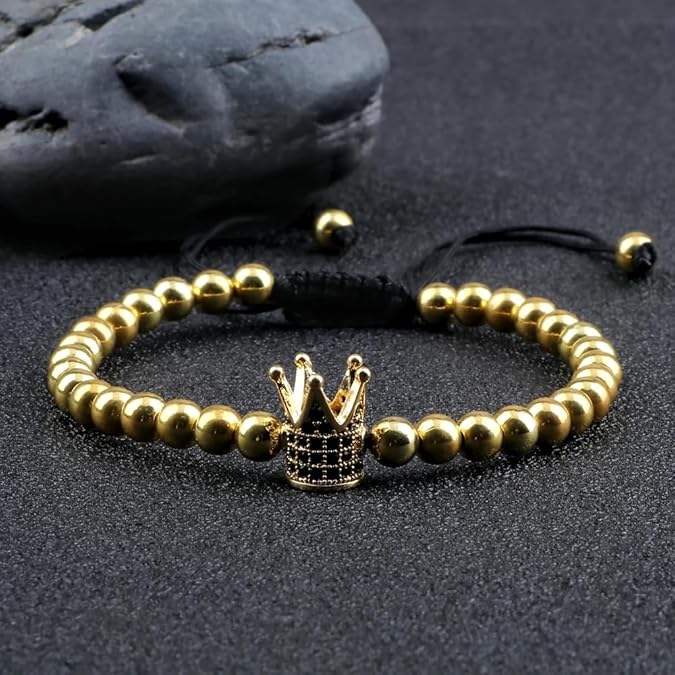 Bratara cu snur crown, aurie, bile placate cu aur, zirconia, unisex